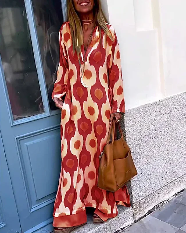 Ramadan /Eid Women Casual Boho Style Geometry Print Long Sleeve V Neck Loose Maxi Dress Trendy Floral Print Maxi Dress