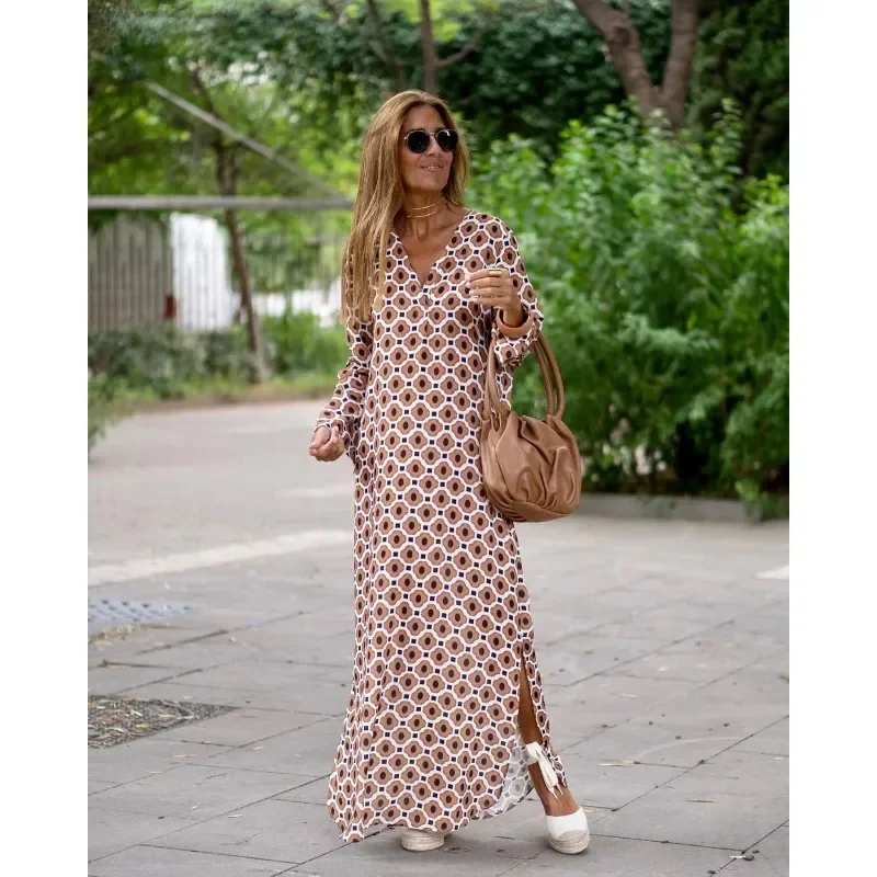 Ramadan /Eid Women Casual Boho Style Geometry Print Long Sleeve V Neck Side Slit Maxi Dress Comfortable Maxi Dress with Sleeves