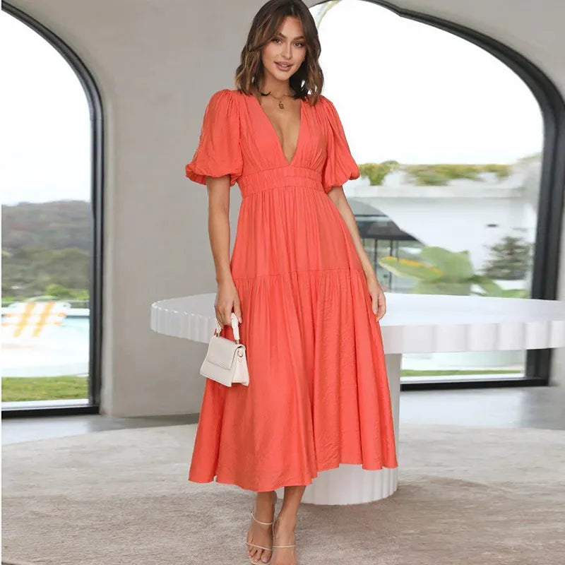 Women Casual Elegant V-Neck Solid Color Puff Sleeve Maxi Dress Stylish Empire Waist Maxi Dress