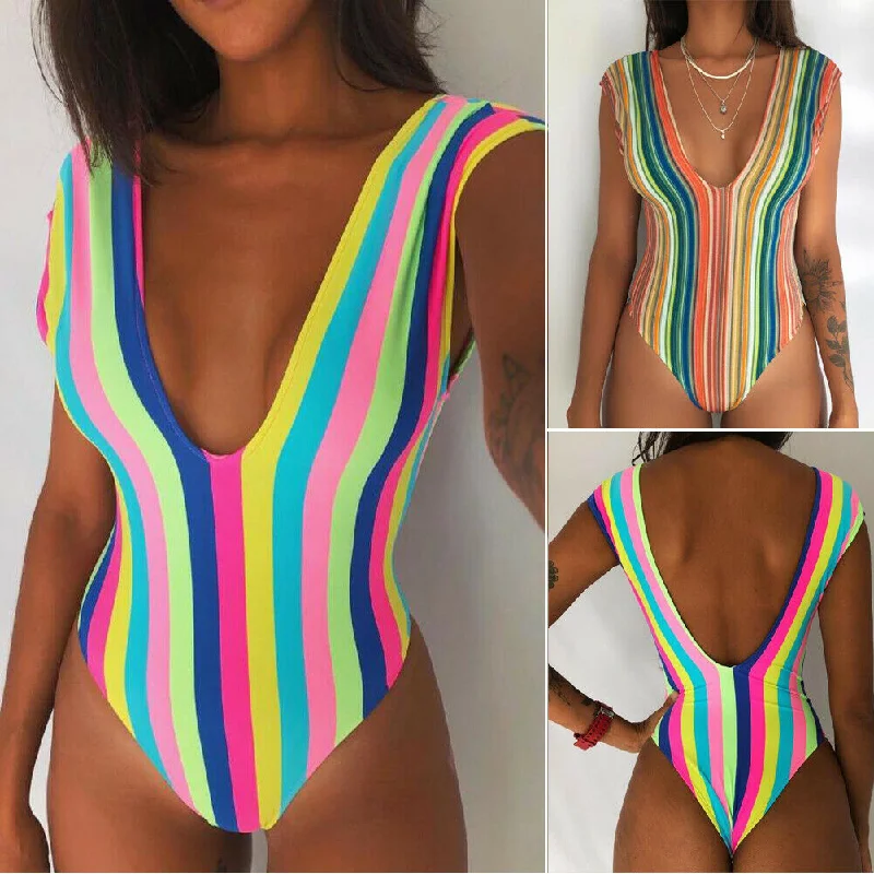 Women  Rainbow Strip Swimwear Swimsuit Deep-V Padded Monokini Beachwear Adjustable Bikini Bottoms