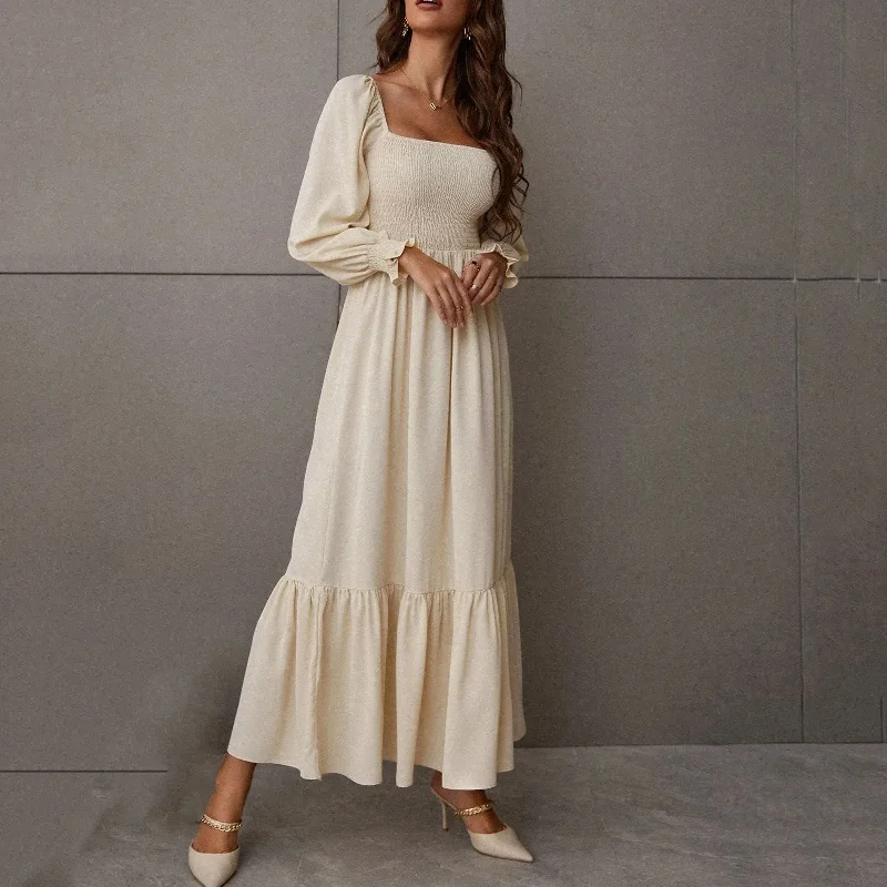 Women Ramadan /Eid Fashion Solid Color Square Collar Long Sleeve Ruffled High Waist Maxi Dress Fashionable Chiffon Tiered Maxi Dress