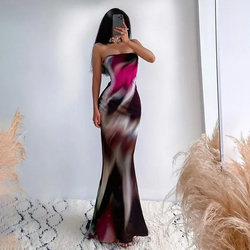 Women Sexy Tie-Dye Printed Strapless Bodycon Maxi Dress Stylish Maxi Dress with Frills