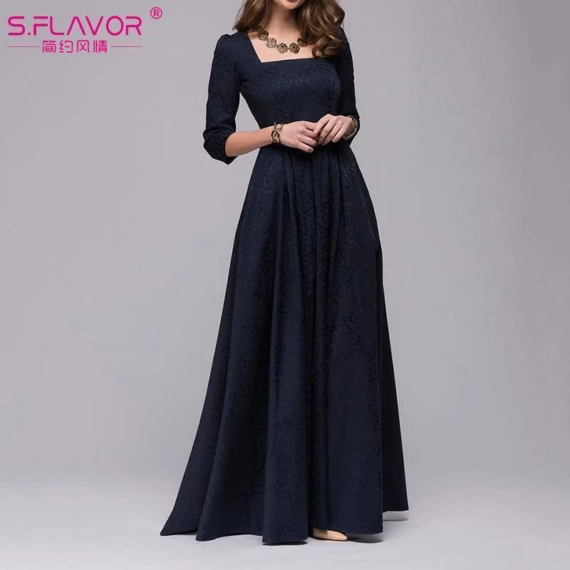 Women Vintage Square Neck Maxi Dress Trendy Off-Shoulder Ruffle Maxi Dress