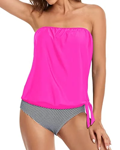 Straight Neckline Bandeau Tankini For Modest Coverage-Hot Pink Stripe Swim Dress with Belt