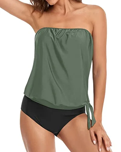 Adjustable Bandeau Tankini Tops For Women-Olive Green Swim Dress with Belt