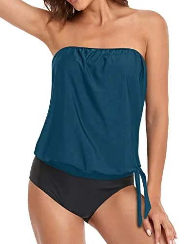 Two Piece Bandeau Tankini Swimsuits For Teens And Women-Teal And Black Halter Neck Swimsuit