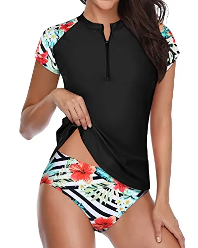 Short Sleeve Swim Shirt With Half Front Zipper For Women-Black And Striped Leaves Button-Front Swimsuit