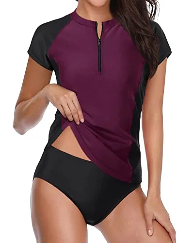 Women's Cap Sleeve Rash Guard Short Sleeve Zipper Swimsuit Vibrant Bikini Bottoms