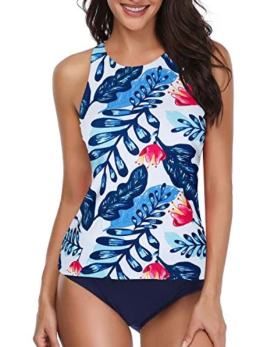 High Neck Halter Scoop Back Tankini With Shorts-White And Blue Floral Bold Swimsuit Design