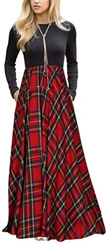 Women's Plaid Long Sleeve Empire Waist Full Length Maxi Dress with Pockets Stylish Boho Chic Maxi Dress