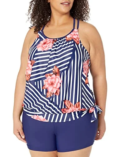 Blouson Women's Two Piece Tankini Swimsuit With Boy Shorts For Plus Size-Blue Floral Fun Pattern Swimsuit