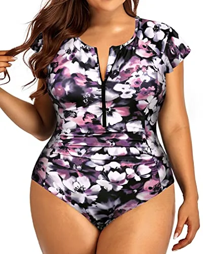 Zipper Front Plus Size One Piece Rash Guard Swimsuit With Cap Sleeves-Purple Floral Quick-Dry Swimsuit