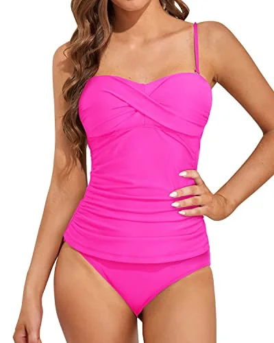 Twist Front Bandeau Tankini Top With Push Up Cups-Neon Pink Plunge Neckline Swimsuit