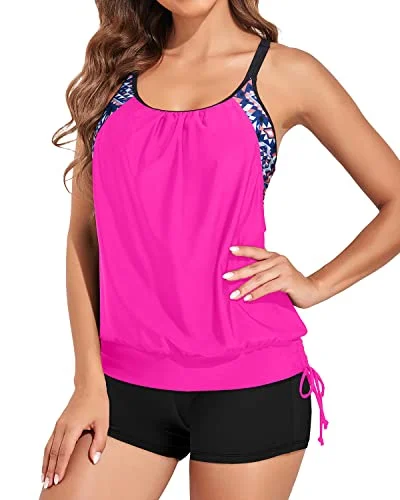 Strappy Tummy Control Tankini For Women With Boy Shorts-Neon Pink Lace-Detail Bikini Set