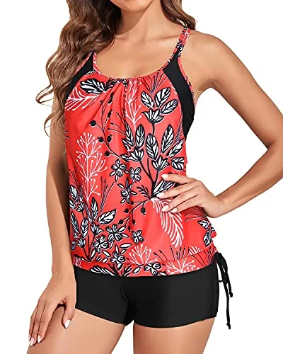 Full Coverage Tankini Swimsuit For Women Two Piece Tummy Control Bathing Suits-Red Floral Comfortable Swim Dress