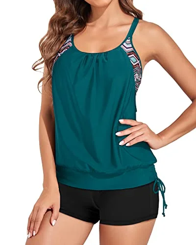 Strappy Two Piece Tankini Swimsuit For Women With Boy Shorts-Teal Trendy Swimwear Set