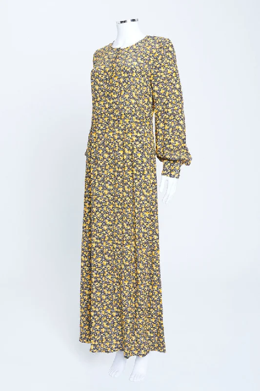 Yellow Floral Print Long Sleeve Maxi Dress Trendy Maxi Dress with Lace