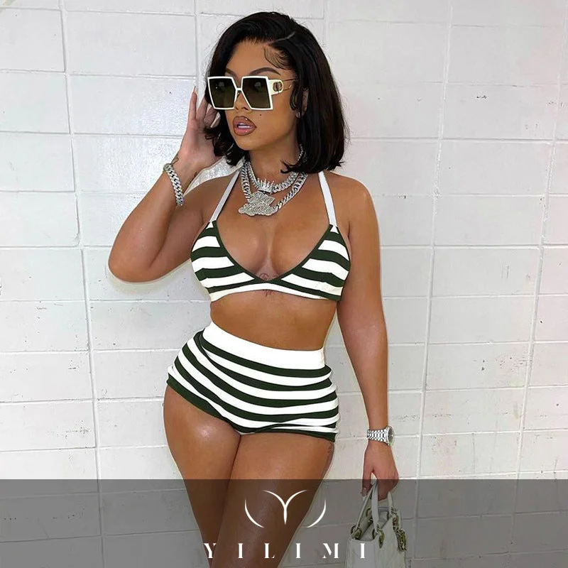 YILIMI Sexy Bikini Two Piece Shorts Set Stripe Print Beachwear Women Casual Short Pants Two Piece Set Swimsuit Quick-Dry Tankini