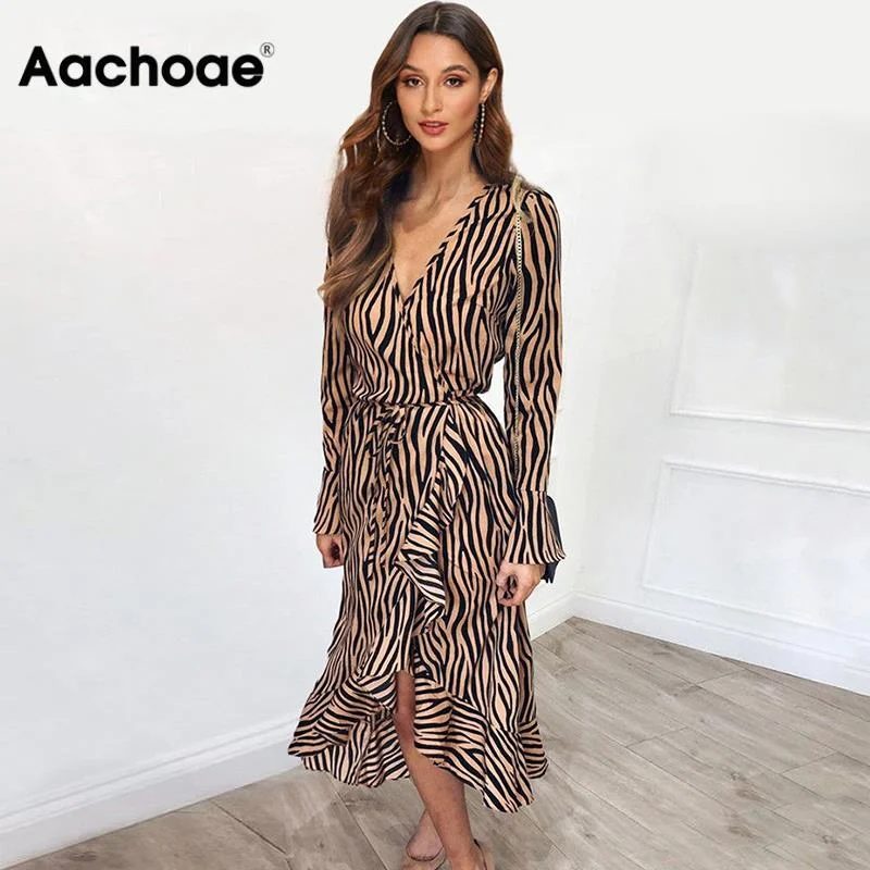 Zebra Print Beach Bohemian Maxi Dress Long Sleeve V Neck Ruffles Elegant Vestidos Elegant Floral Maxi Dress