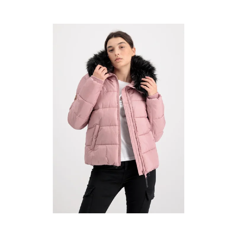 Alpha 108004 Womens Hooded Puffer Jacket Pink Notch Collar Peter Pan Collar Cowl Neck