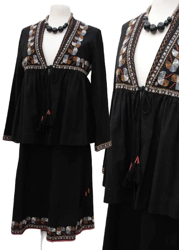 EAST Artisan Bohemian Folk Black Embroidered Cotton Skirt and Jacket Belted Jacket Elasticated Jacket Padded Jacket