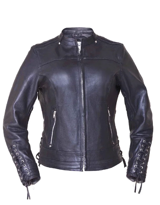 Laced Sleeve Womens Leather Jacket Snapped Jacket Toggled Jacket Drawstring Jacket