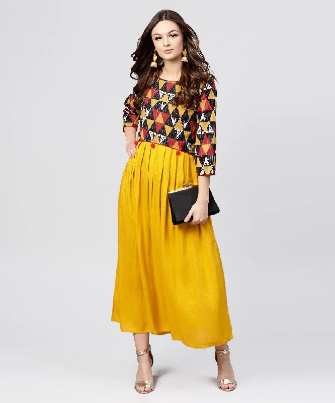 NOZ2TOZ Bright Yellow Rayon A-Line Box Pleated Maxi With Attached Jacket Till Yoke And Emblished With Tassels Jacket Blazer Coat