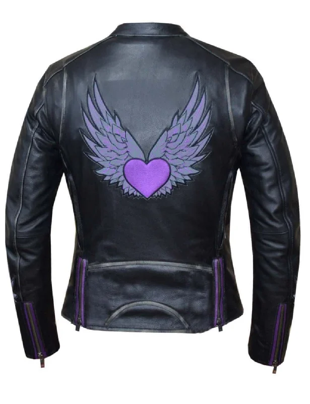 The Love of Wings (purple) Women's Leather Jacket V-Neck Jacket Boat Neck Jacket Square Neck Jacket