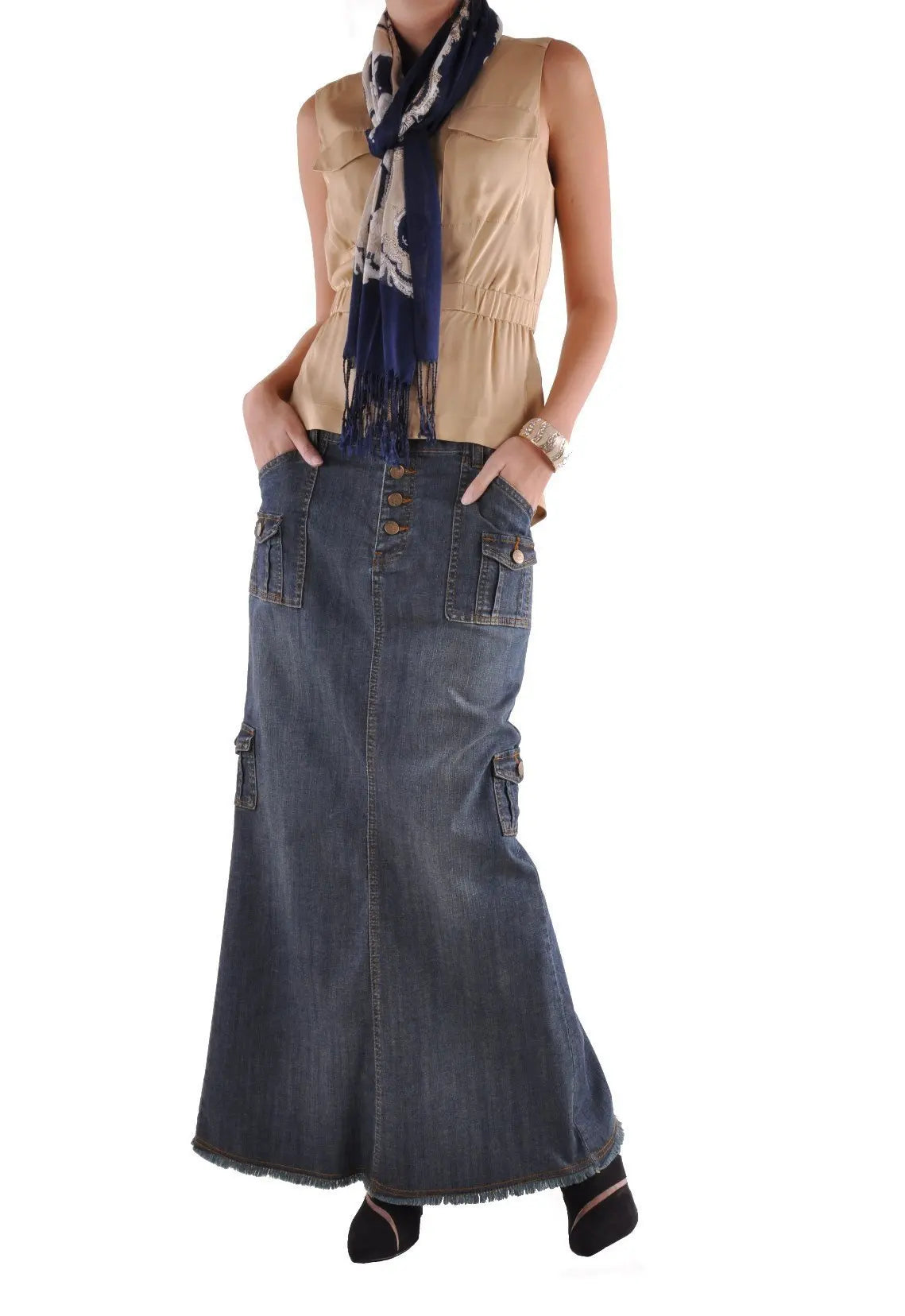 FZ Women's Casual Multi-pocket Pack hips Ankle-Length Denim Skirt pleated skirt texture