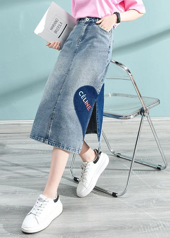 Blue Love Printing Wrap Cotton Denim Skirt High Waist Pockets Summer cotton skirt soft