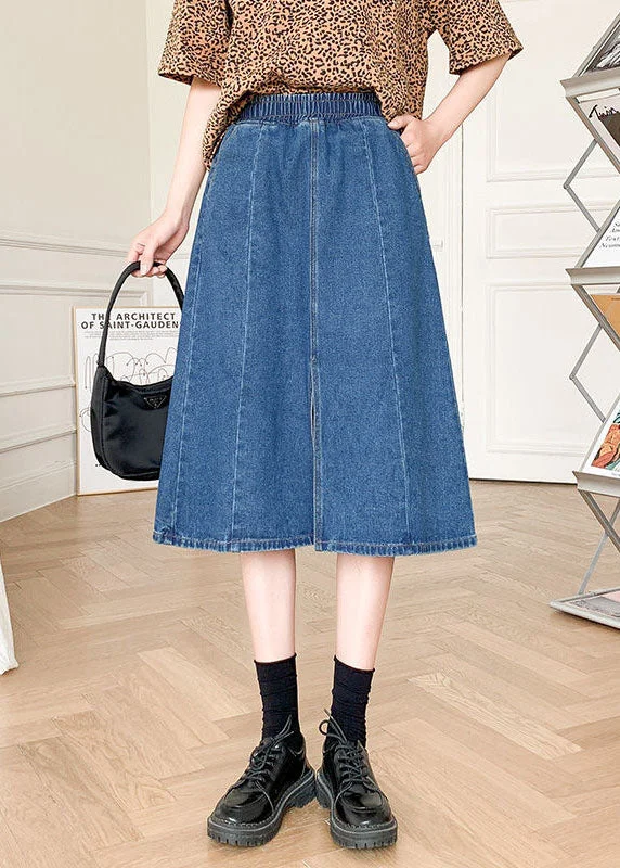 Boutique Denim Blue Solid Elastic Waist Side Open Cotton A Line Skirt Summer asymmetrical skirt cut