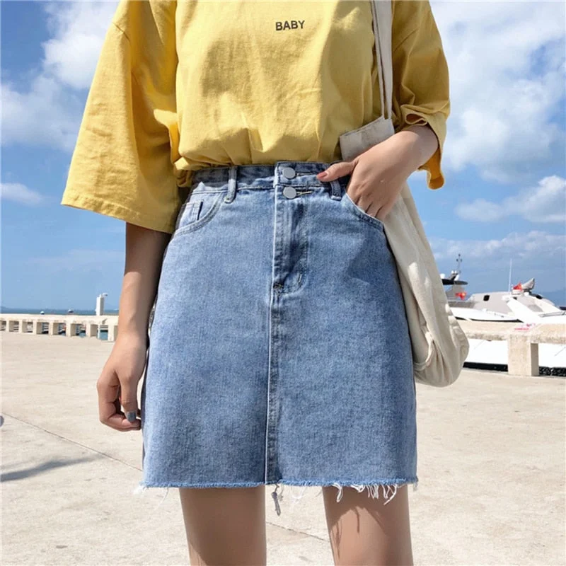 Denim Skirt Women Blue Solid Casual High Waist A Line Denim Skirt linen skirt natural