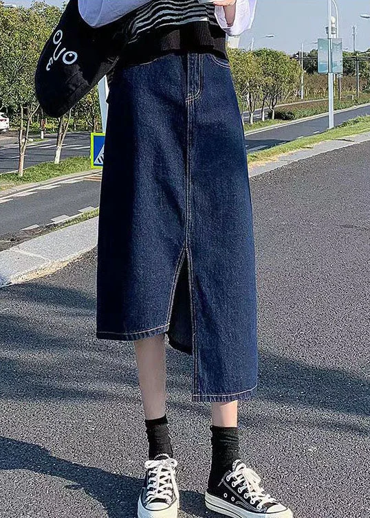 Elegant Navy Side Open Asymmetrical Pocket Cotton Denim Wraped Skirts Summer leather skirt modern