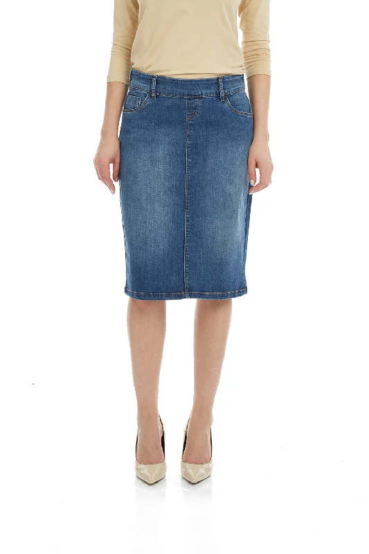 Esteez MANHATTAN Denim Skirt - Straight Knee Length Pull On Stretchy Jean Skirt for WOMEN - BLUE belted skirt waist