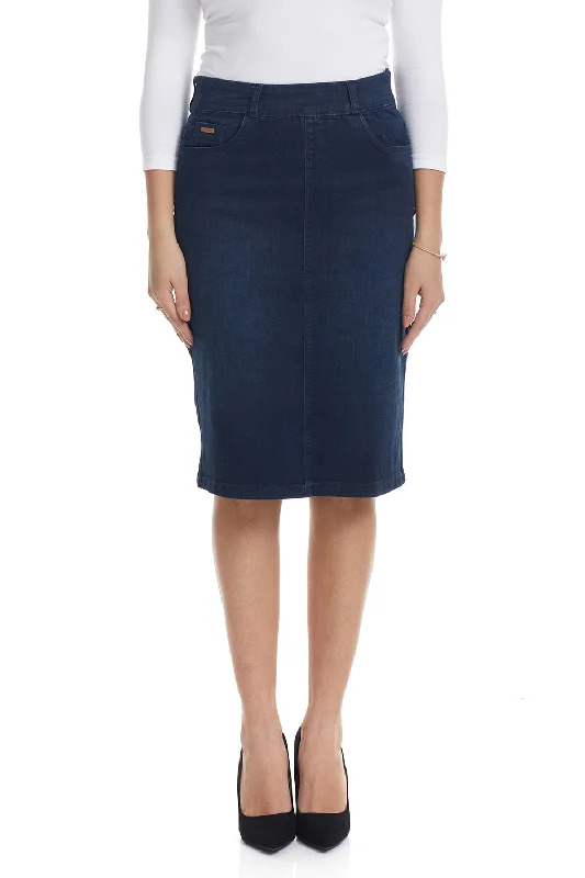 Esteez MANHATTAN Denim Skirt - Straight Knee Length Pull On Stretchy Jean Skirt for WOMEN - DARK BLUE cotton skirt soft