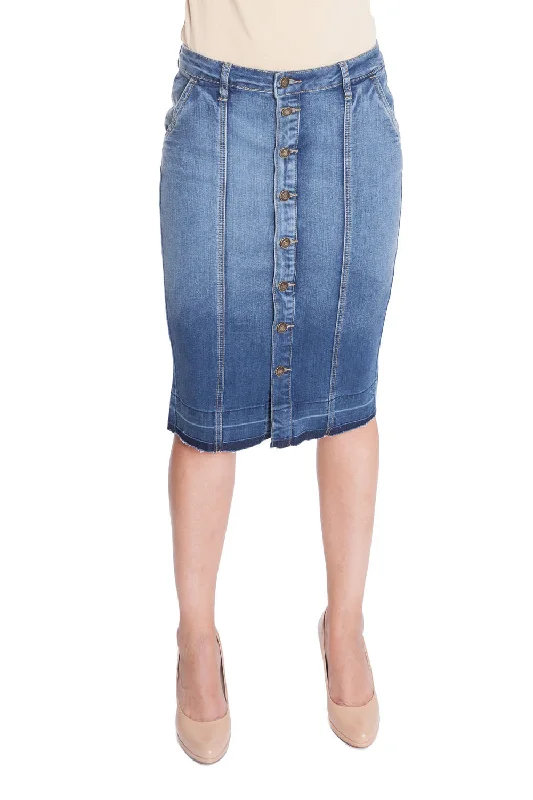 Esteez MONTREAL Denim Skirt - Below the Knee Jean Skirt BLUE asymmetrical skirt cut