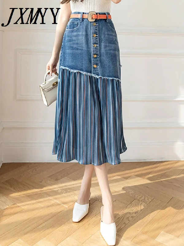 imCharms 2023 Spring And Autumn Large Size High Waist All-Match Women's Denim Skirt Stitching Midi Skirt lace skirt elegant