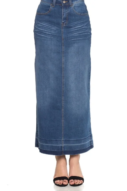 Long Denim Skirt Style 86319 in Indigo Blue ribbed skirt waist