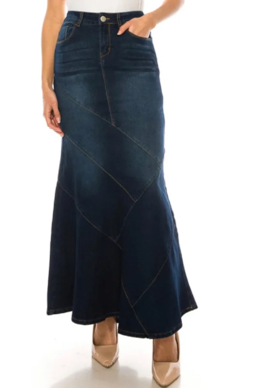 Long Denim Skirt Style 89075 in Dark Indigo ruffled skirt detail