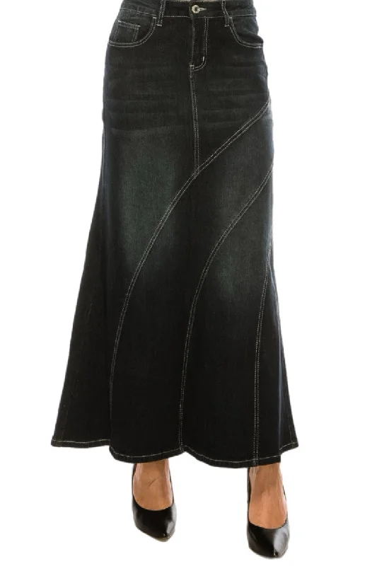 Long Flared Denim Skirt Style 89140 in Black cashmere skirt rich