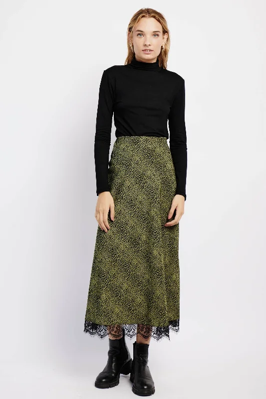 Satin Bias Skirt with Lace in Fatigue Animal lace skirt intricate