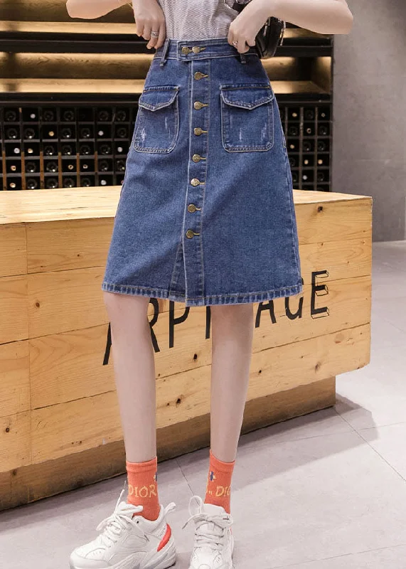 Simple Blue Pocket Button Cotton Denim Wraped Skirt Summer linen skirt breathable