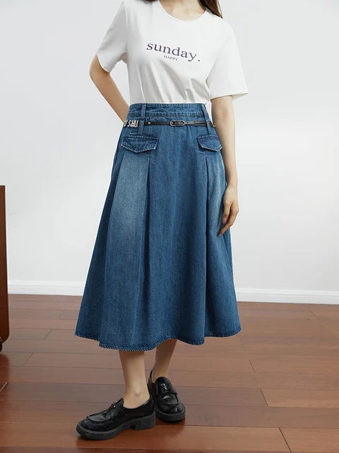 Vintage Pleated Denim Skirt Chic Designed Raw Denim Skirt with Belt cashmere skirt rich