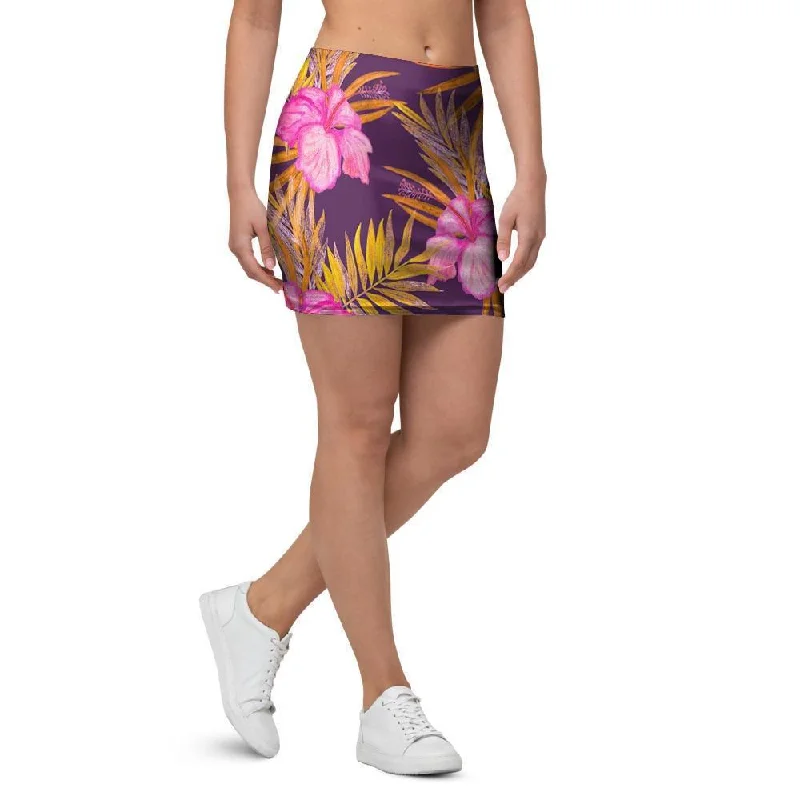 Watercolor Hibiscus Flower Hawaiian Print Mini Skirt leather skirt modern