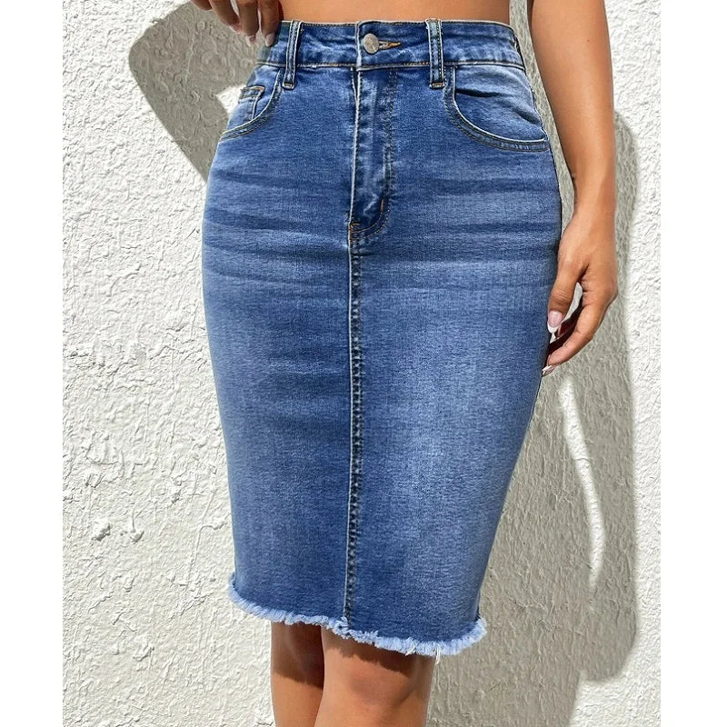 ﻿Women High Waist Denim Skirts Stretch Jeans Casual Bodycon Skirt high slit skirt