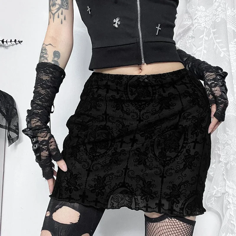 Women's Gothic Contrast Color Lace Flocking Skirt silk skirt lustrous